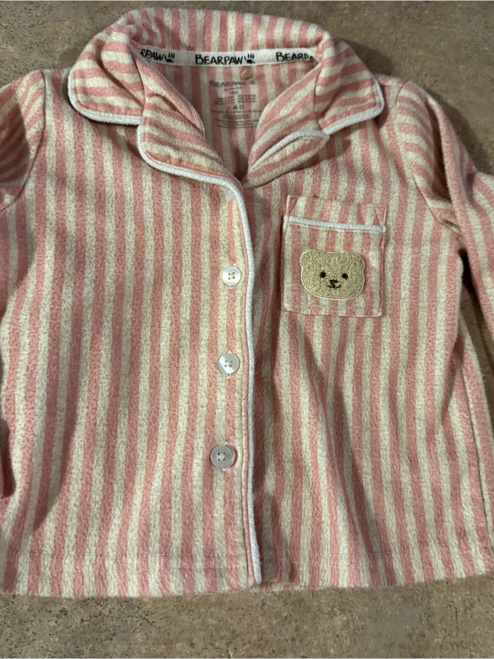 BearPaw Pink and White Striped Kids Pajama Set with Bear Pocket Girls 18M